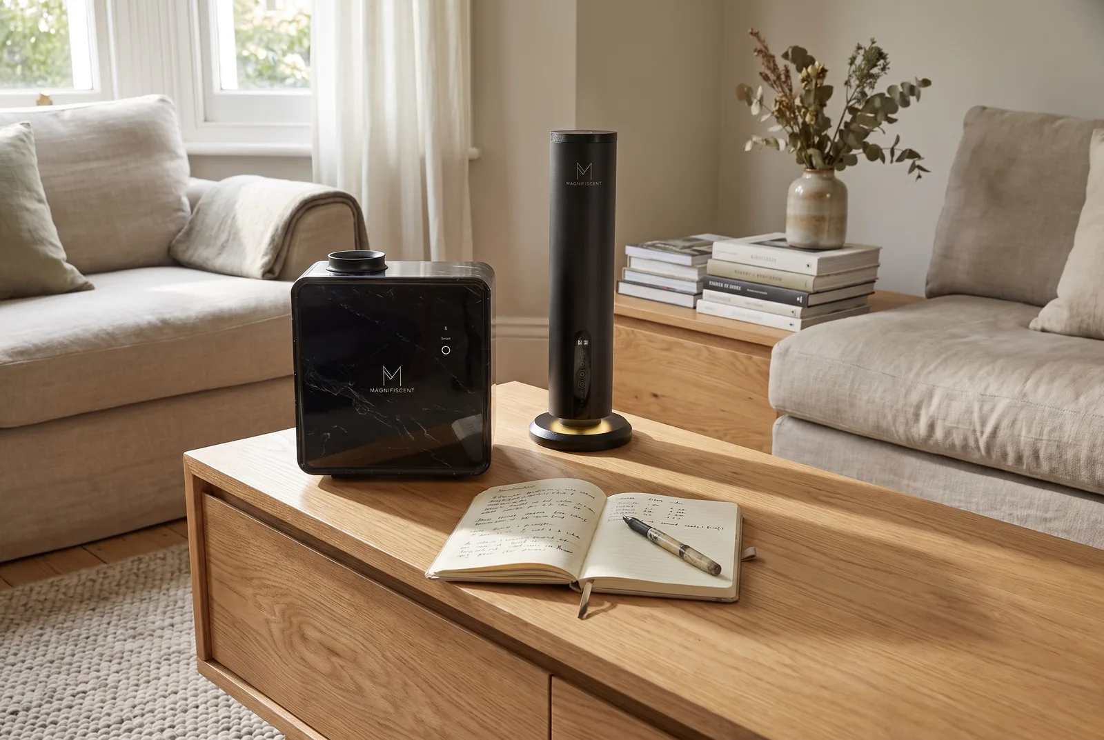 A group of waterless diffusers arranged on a wooden console table in a hallway