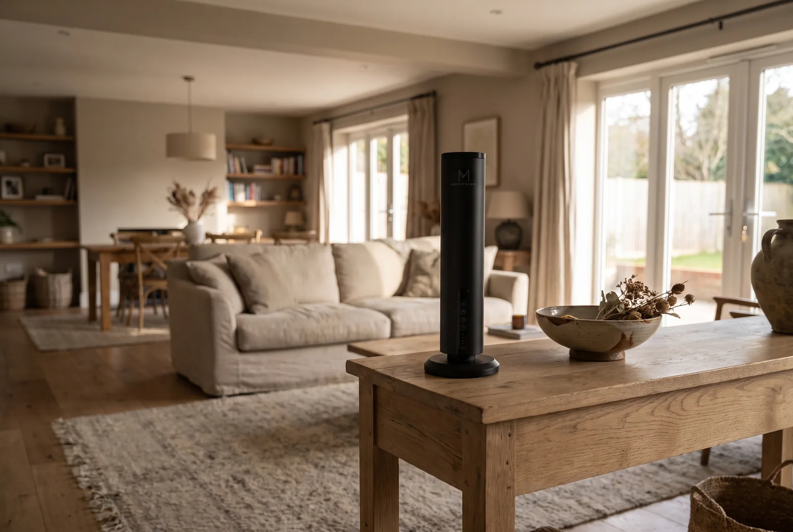 The Magnifiscent LumaMax aluminium tower diffuser on a console table in a hallway