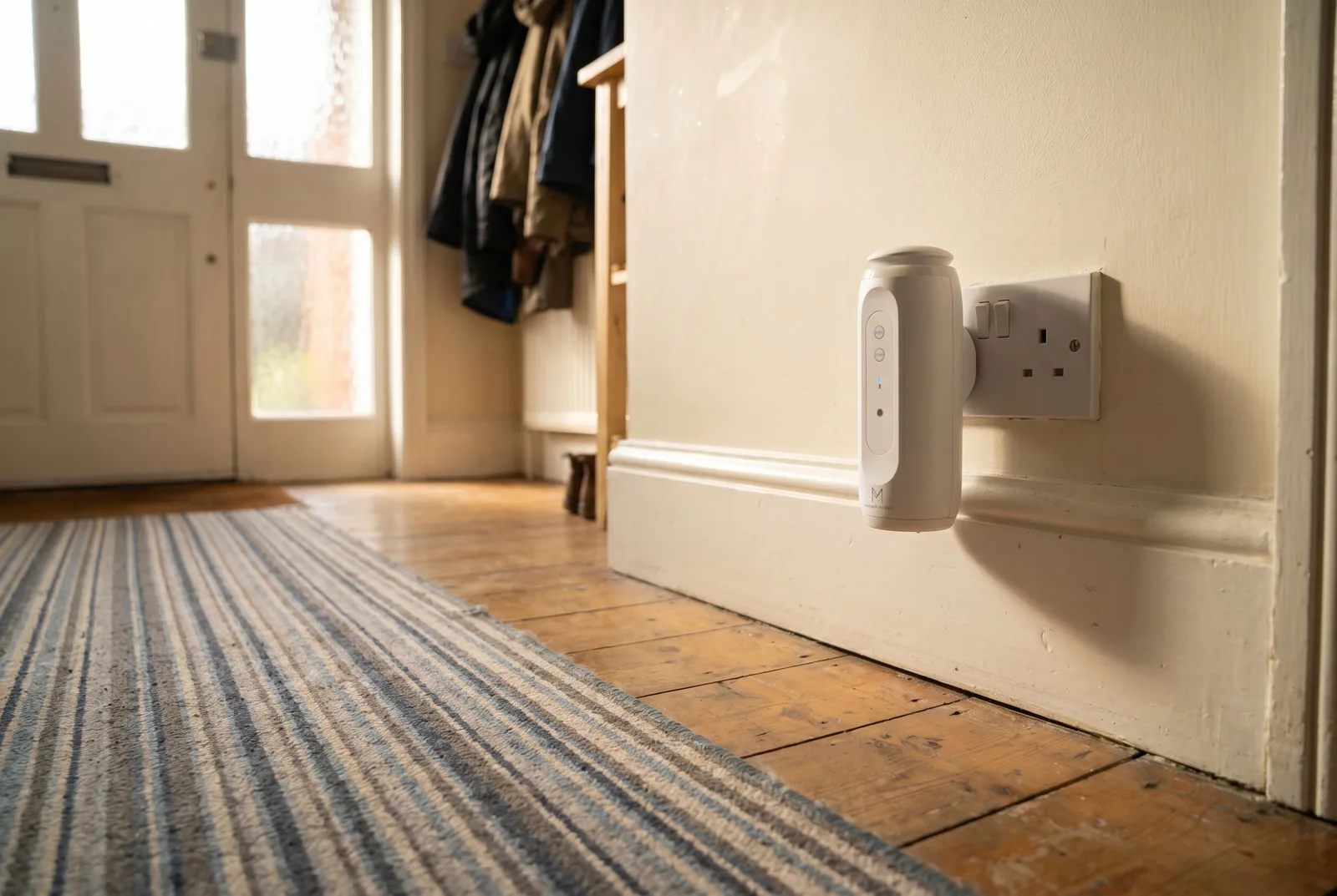 Magnifiscent ZenPlug waterless diffuser plugged into a wall socket in a hallway