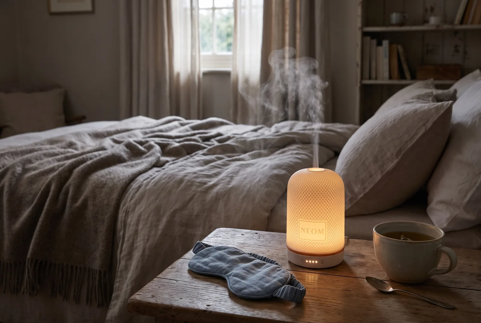 NEOM Wellbeing Pod releasing a fine mist on a bedside table with a dim night light glow