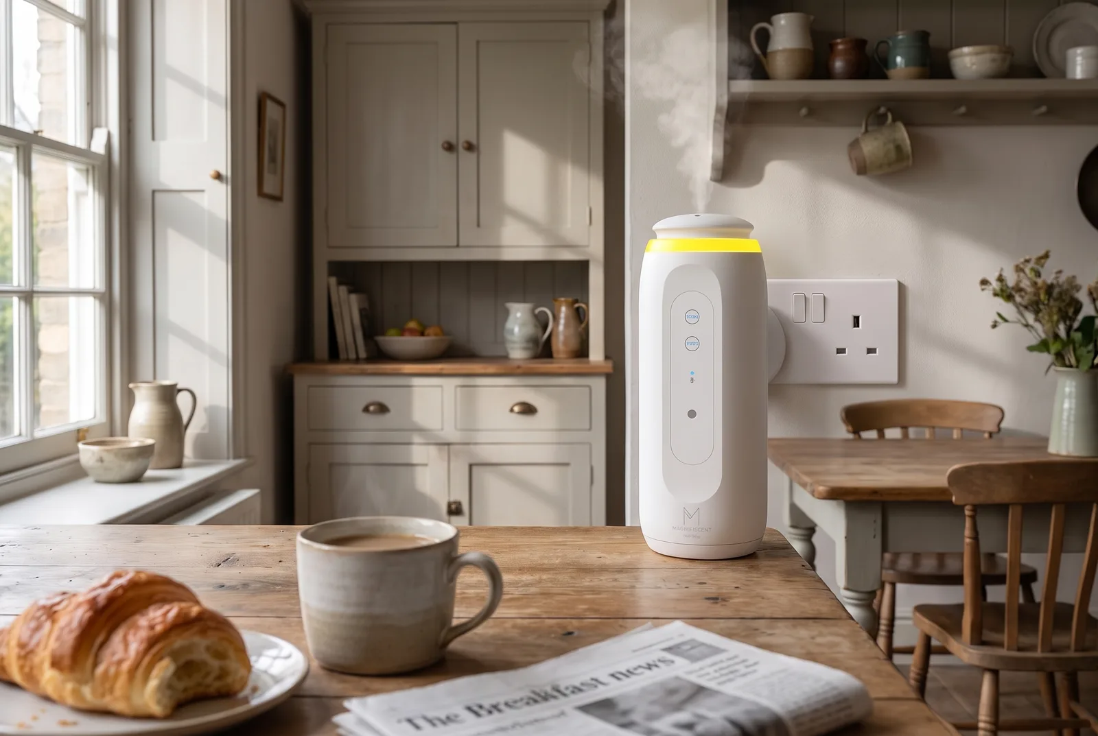 A waterless plug-in diffuser in a hallway socket beside a console table