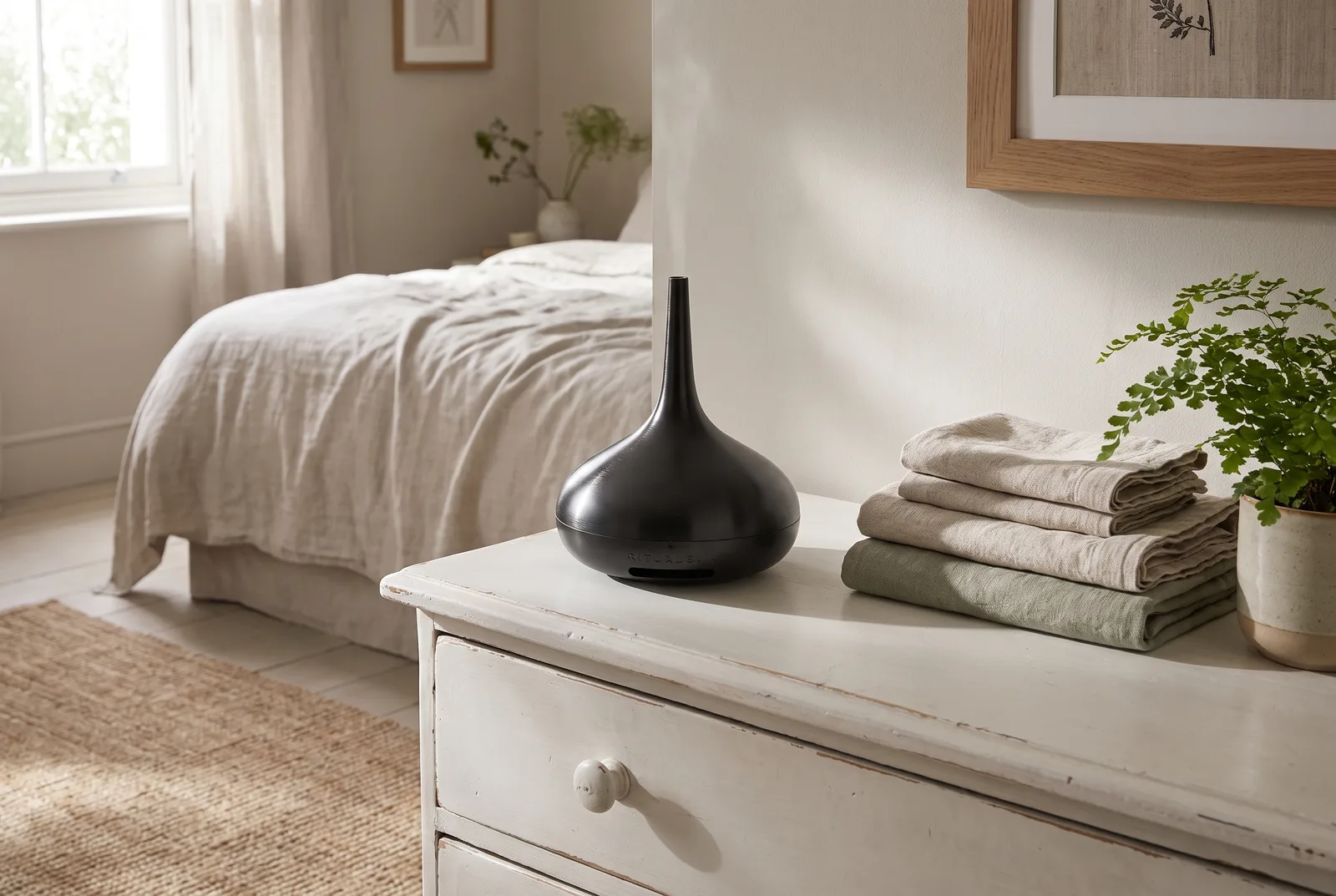 The Rituals Perfume Genie diffuser on a shelf beside a stack of books