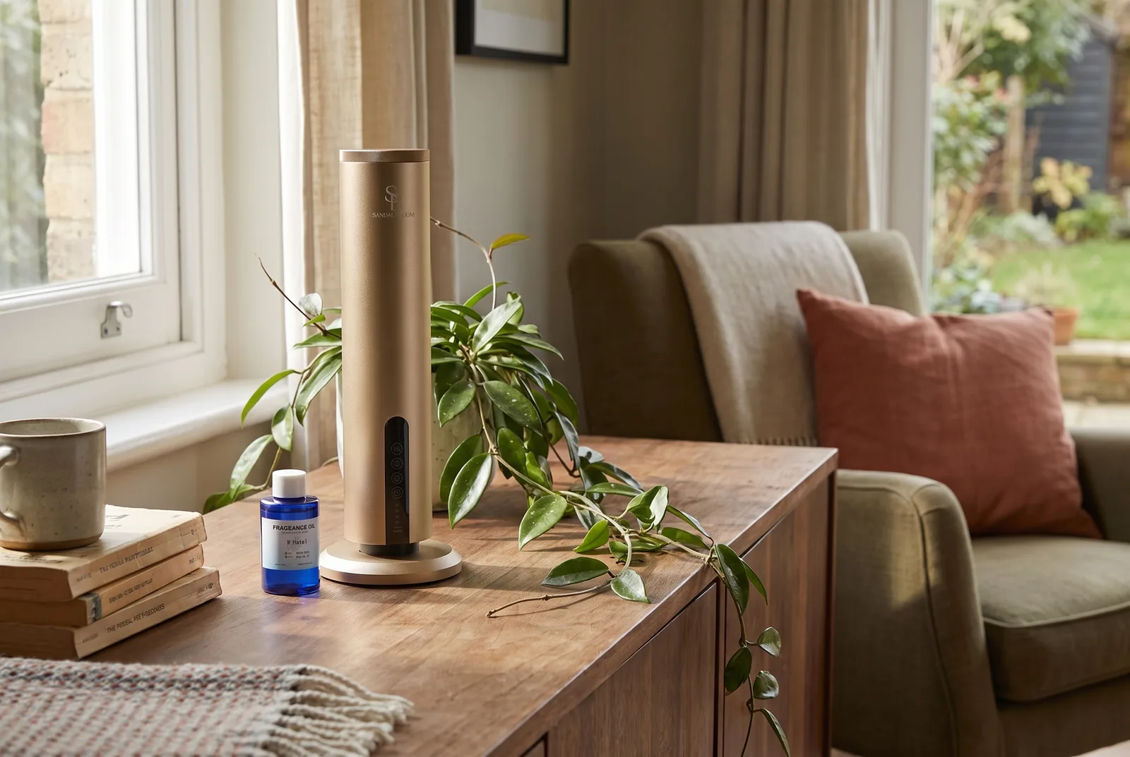 Sandal Bloom Valere aluminium tower diffuser on a sideboard in a living room