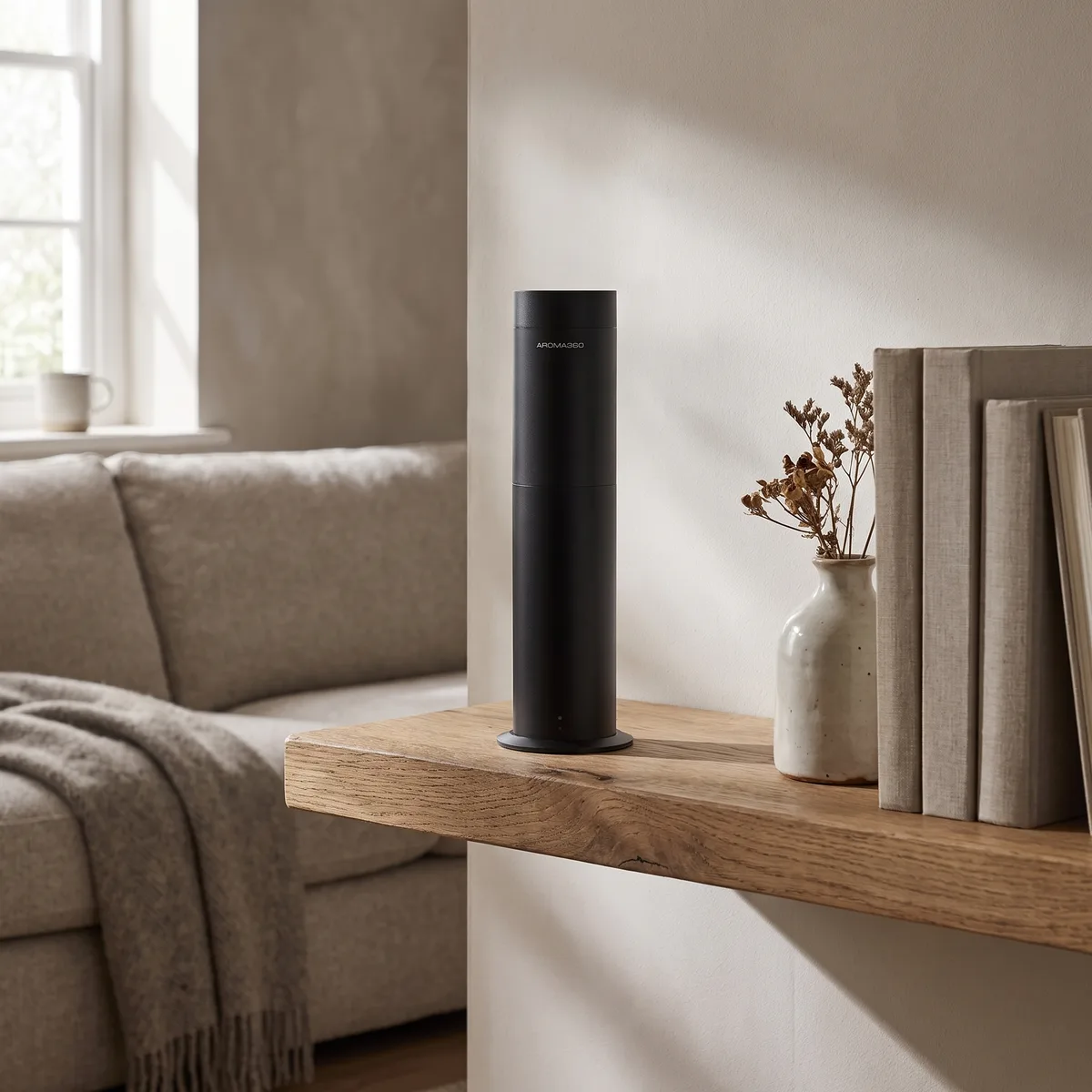 The Mini360 on a floating shelf in a modern living room