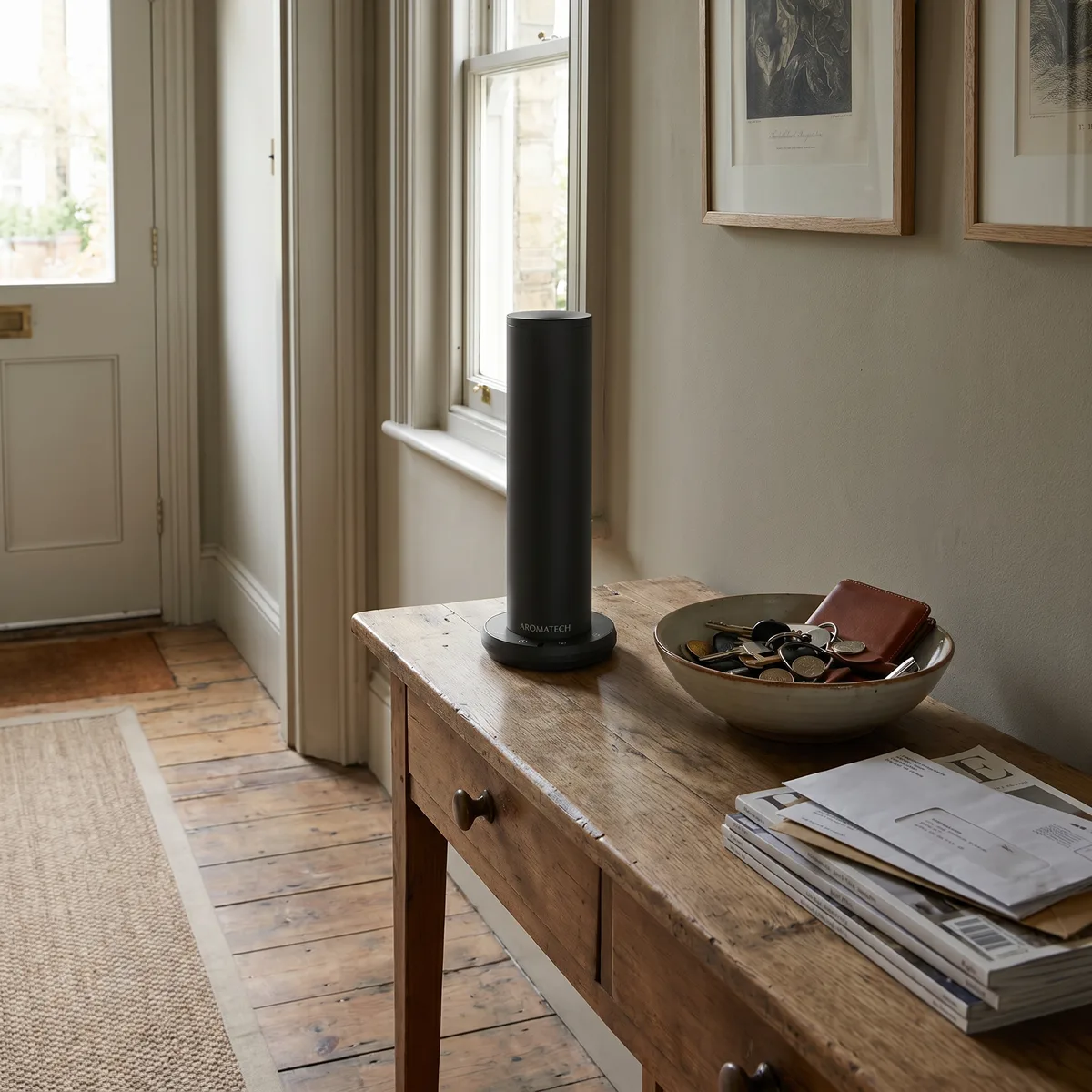 The AroMini BT Plus on a hallway console table