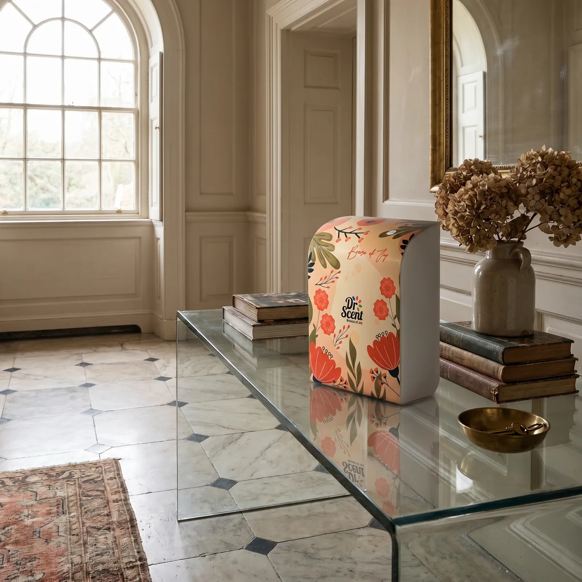 The Elegant Diffuser on a glass console in a marble floored entrance hall
