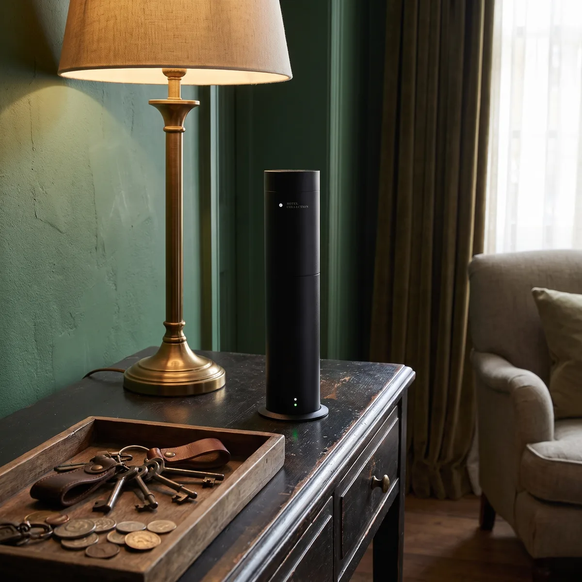 The Studio diffuser on a dark console against a deep green wall
