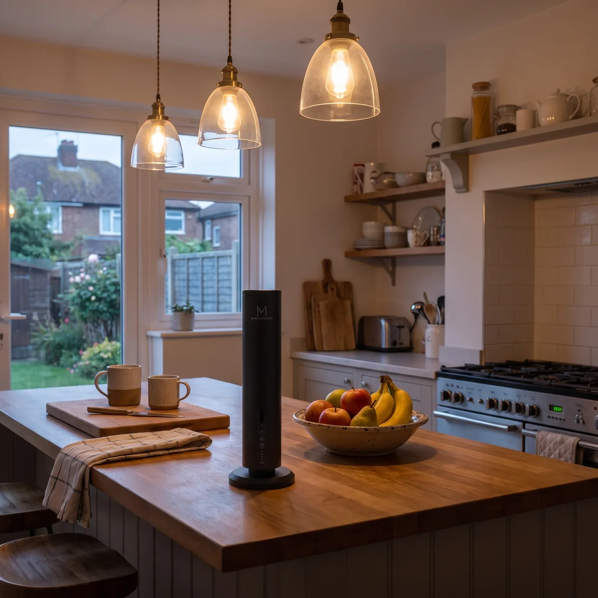 The LumaMax on a kitchen island at dusk