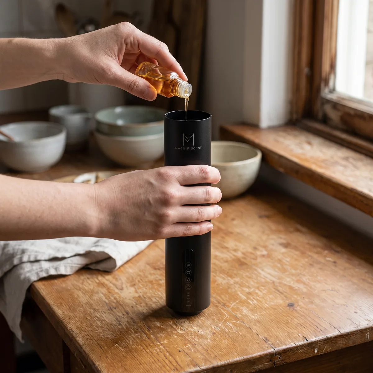 Hands pouring fragrance oil into the top chamber of the LumaMax