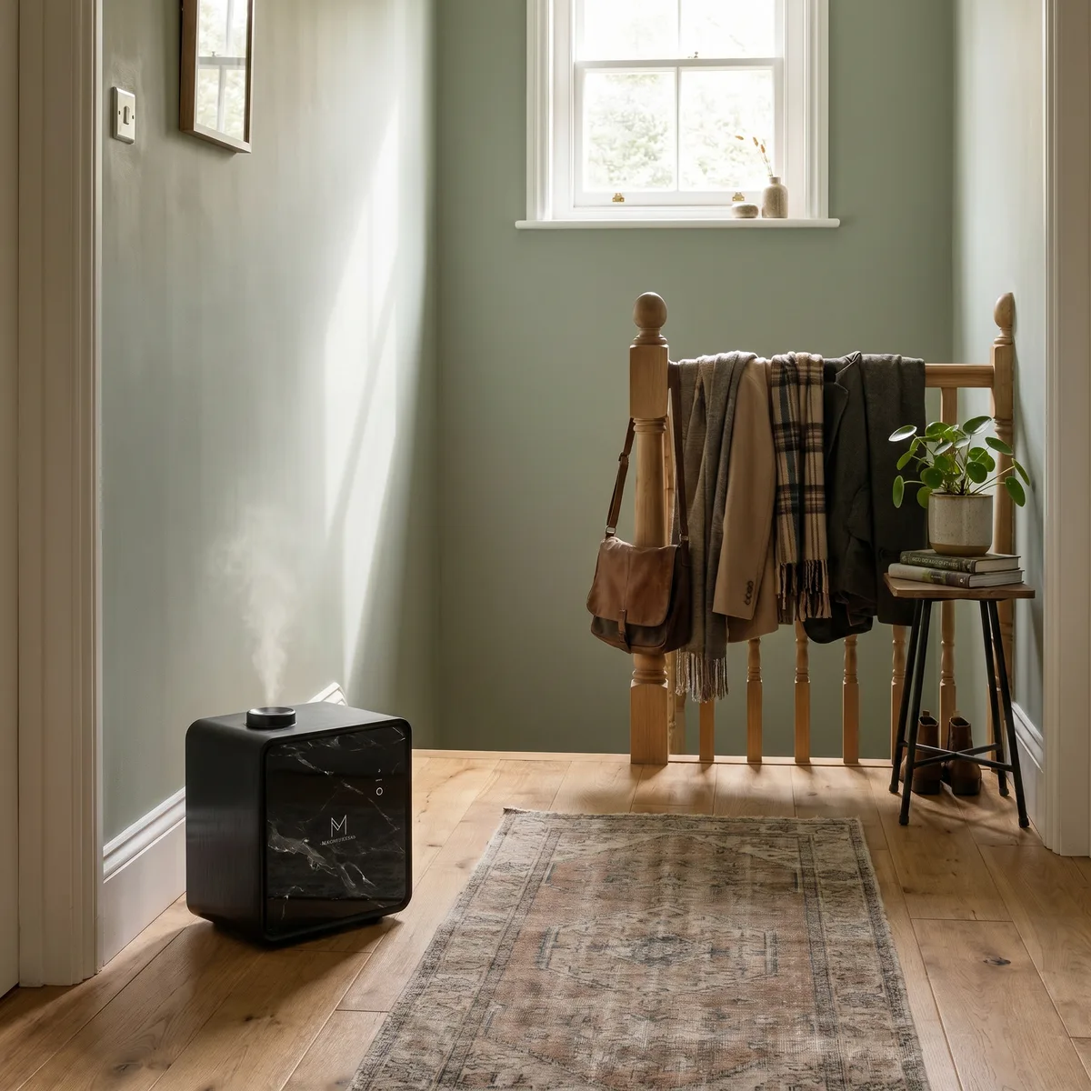 The Monolith diffuser on the floor beside a staircase in a hallway