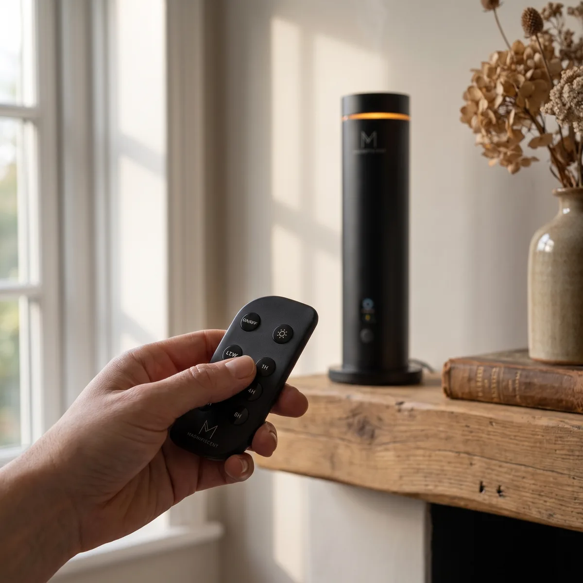 A hand holding the NovaMist remote with the tower glowing behind