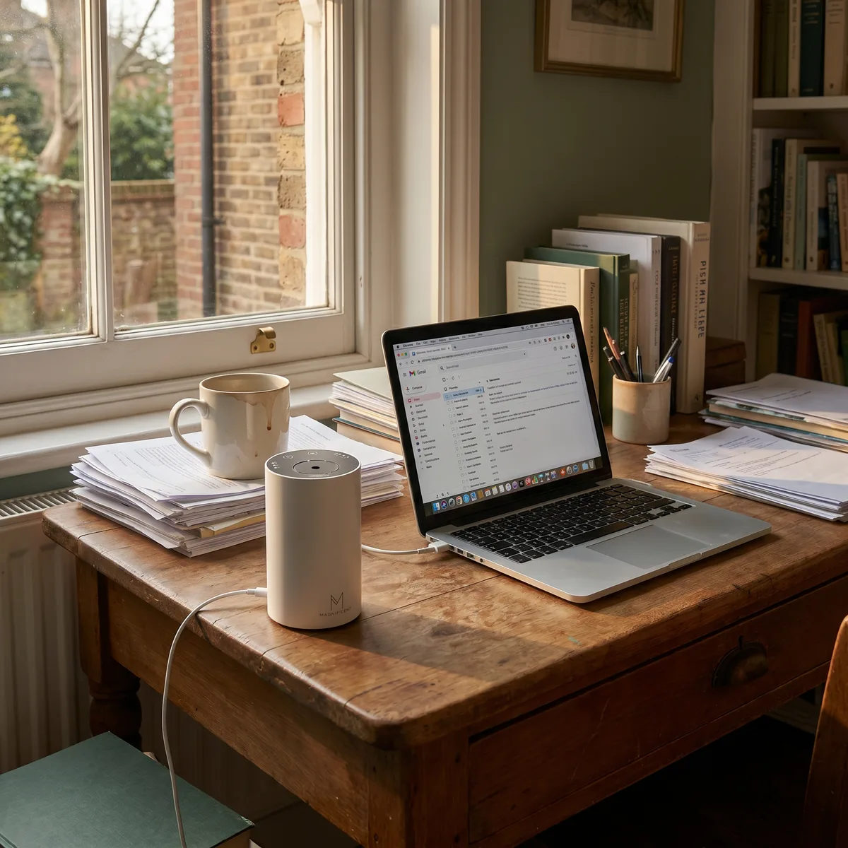 The ScentFlow on a desk beside a laptop