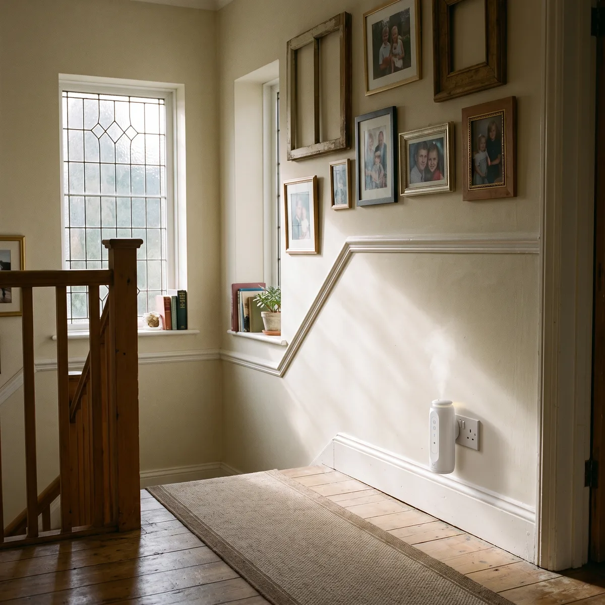 A landing with the ZenPlug mounted on a socket above the skirting board
