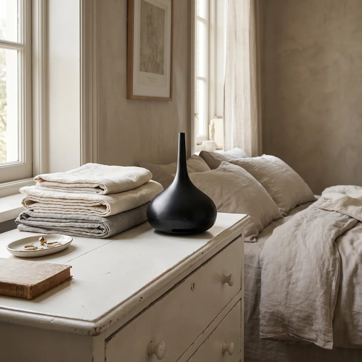 The Perfume Genie on a chest of drawers in a neutral bedroom