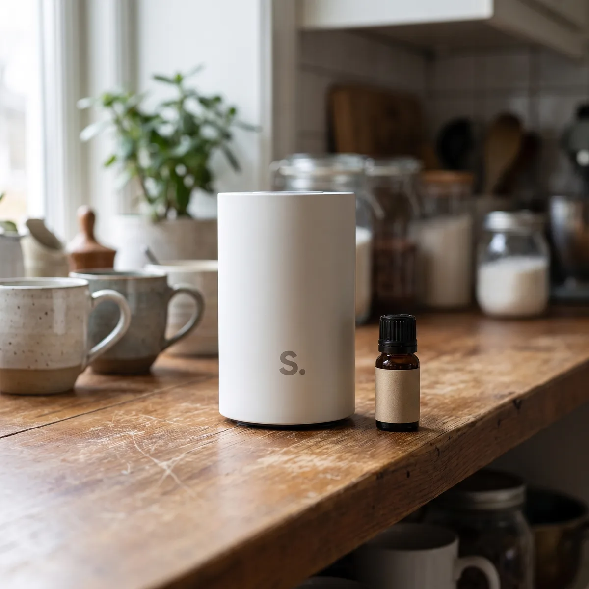 The Halo diffuser next to a tiny 10ml oil bottle