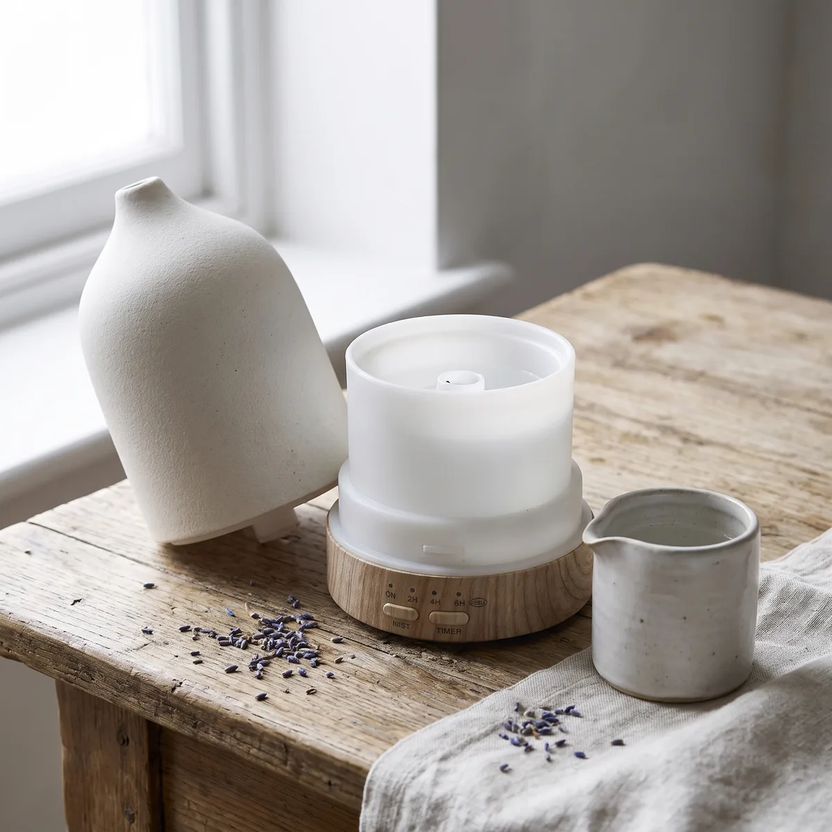 The ceramic lid of the Electronic Diffuser lifted off showing the water tank