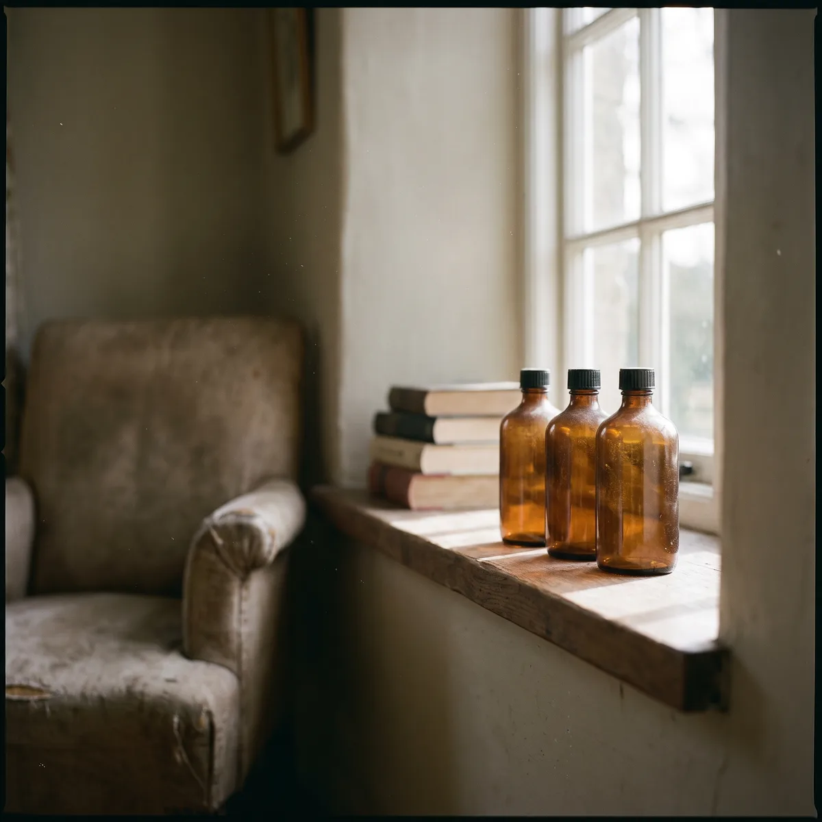 Unlabelled amber fragrance oil bottles on a wooden shelf